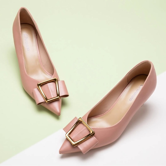 C.Paravano Pink Blush Metal Tie Buckle Kitten Heels Designer Olivia NEW 8.5 Pump - Picture 10 of 12